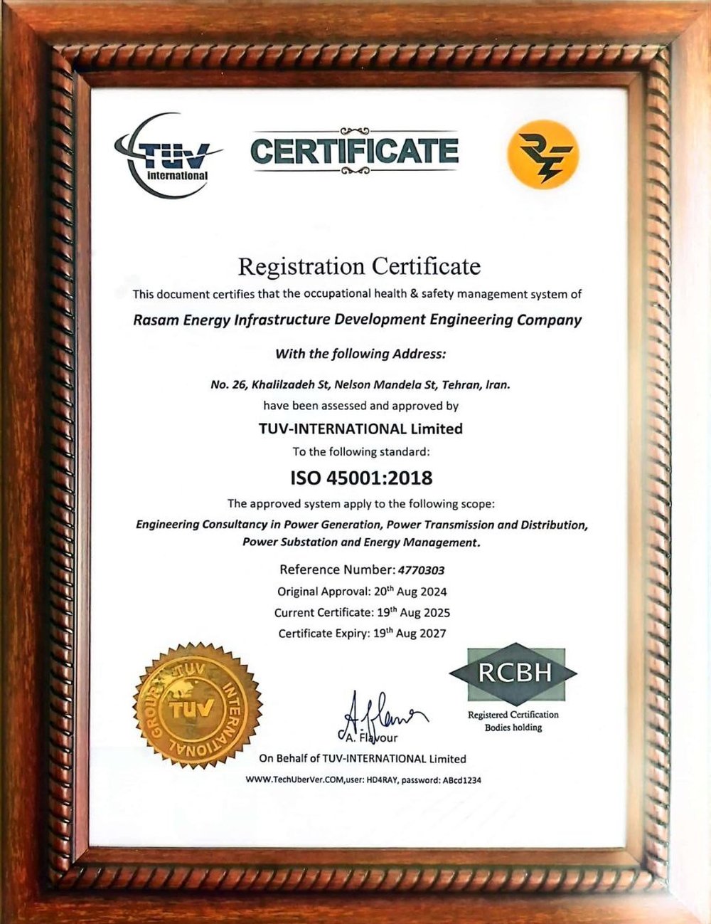 گواهینامه ISO 45001:2018 – سیستم مدیریت ایمنی و بهداشت شغلی شرکت مهندسی توسعه زیرساخت رسام انرژی صادره از TUV-INTERNATIONAL Limited با شماره مرجع 4770303